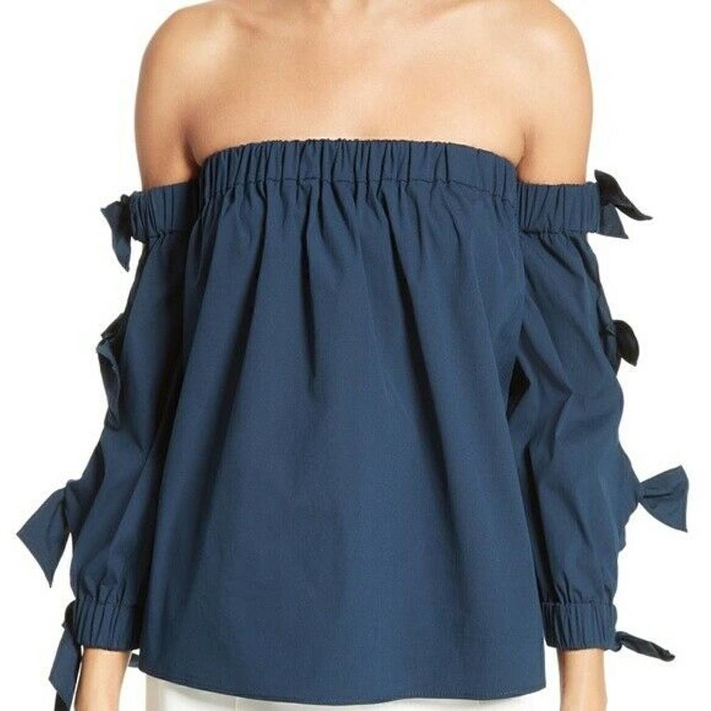 MILLY Blythe off shoulder navy bow sleeve blouse top size Small
